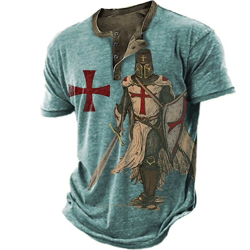 Men's Knights Templar Graphic Prints Henley Shirt Graphic Tee Short Sleeve Fashion Basic Casual Outdoor Daily Going out Spring & Summer Blue Sky Blue Brown Green Gray Henley Henley T-Shirt3