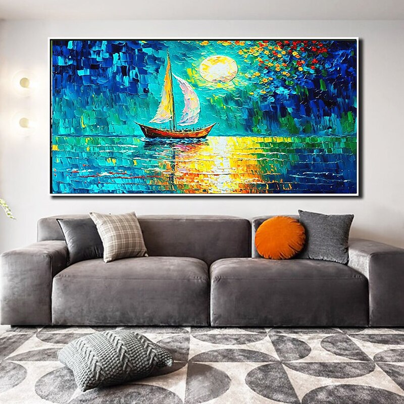 Oil painting hand-painted Wall artAbstract Knife PaintingSea view BlueHome DecorationRolled Canvas Frameless And Unstretched3