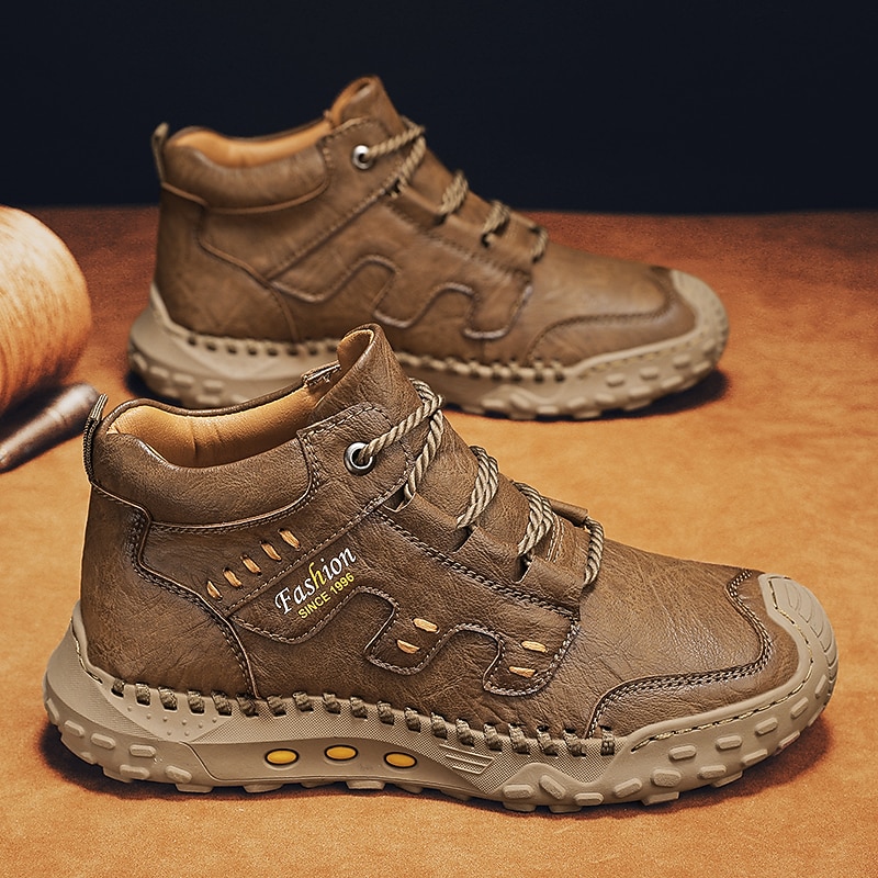 Men's Brown Faux Leather Outdoor Hiking Boots with Handcrafted Stitching, Lace-Up Design, and Non-Slip Sole - Durable and Comfortable Adventure Footwear2