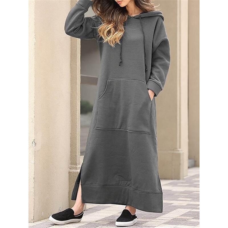 Women's Casual Dress Hoodie Dress Long Dress Maxi Dress Daily Basic Outdoor Vacation Going out V Neck Pocket Solid Color Regular Fit Black Burgundy Blue S M L XL XXL