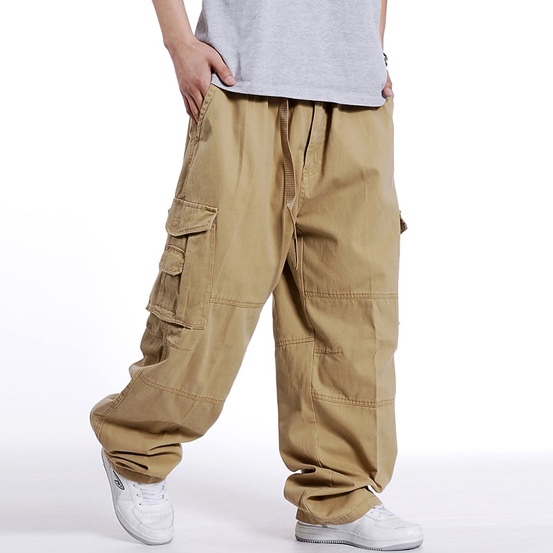 Men's Cargo Pants Cargo Trousers Trousers Baggy Drawstring Elastic Waist Wide Leg Plain Breathable Soft Full Length Daily Sports Cotton Streetwear Stylish Oversized ArmyGreen Black Micro-elastic