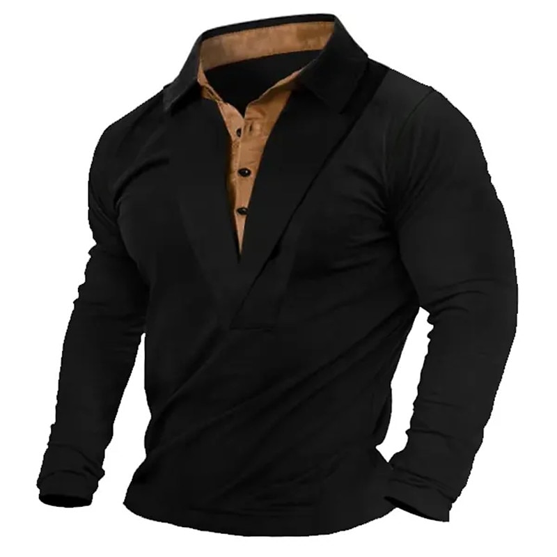 Men's Henley Shirt Tee Top Long Sleeve Lapel Summer Color Block Fashion Designer Basic Patchwork Vacation Street Going out Black White Navy Blue Top Tee for Men