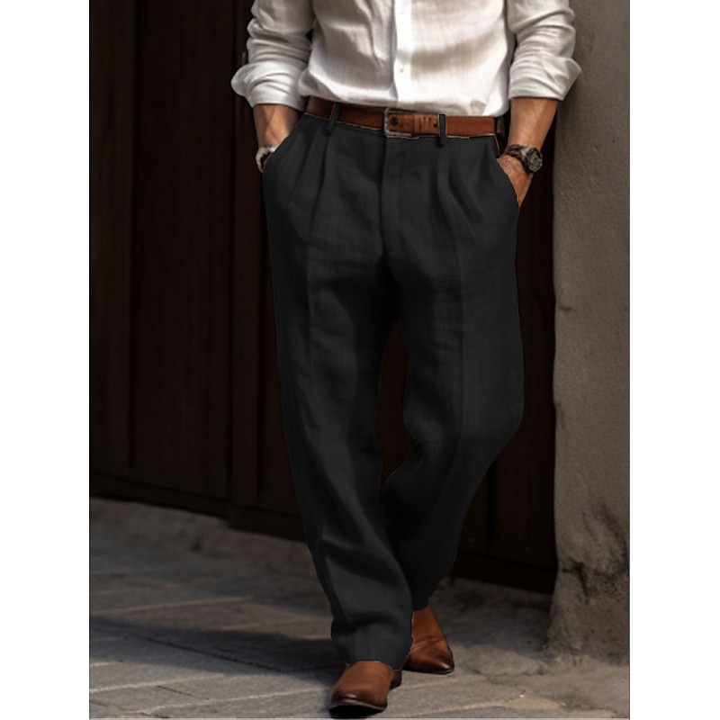 Men's Linen Pants Trousers Summer Pants Pleated Pants Dress Slacks Front Pocket Straight Leg Plain Comfort Breathable Casual Daily Holiday Fashion Basic Black White4