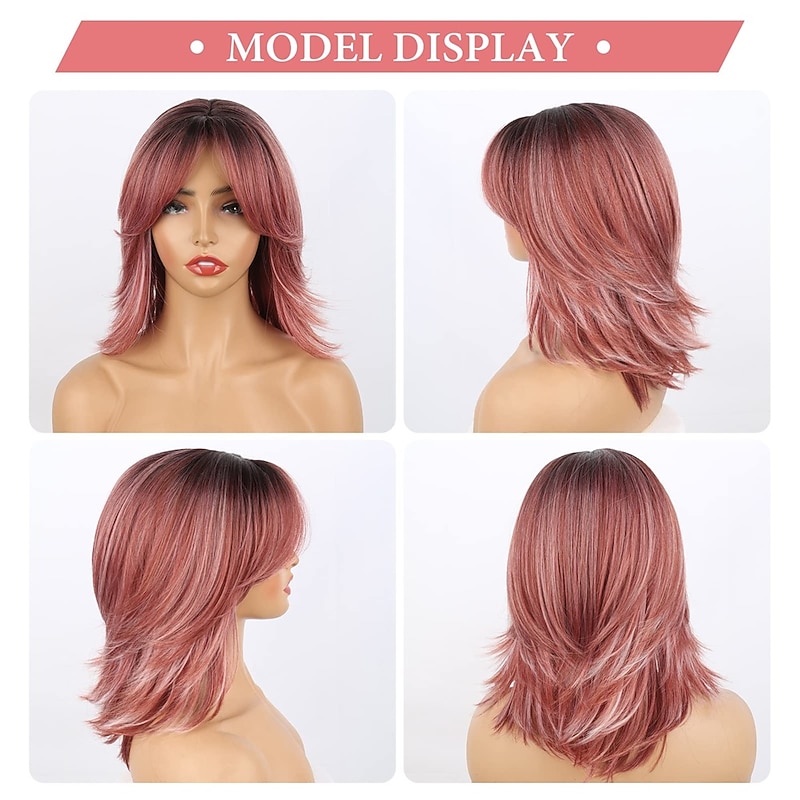 Wavy Layered Pink Wig Short Pink Wigs with Bangs for Women 14inch Layered Curly Ombre Pink Wigs with Dark Roots Natural Looking Synthetic Hair Replacement Wigs for White Women Curtain Bangs Wig4