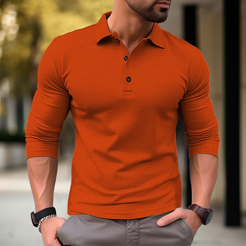 Men's Waffle Polo Shirt Button Up Polos Casual Sports Lapel Long Sleeve Fashion Basic Plain Button Spring &  Fall Regular Fit Army Green Orange Khaki Light Grey Waffle Polo Shirt - Main Image