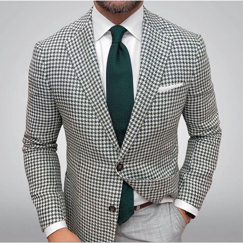 Men's Blazer Jacket Sport Coat Closure collar Outdoor Casual Houndstooth Checkered Black Yellow Light Green Tailored Fit Single Breasted Two-buttons2