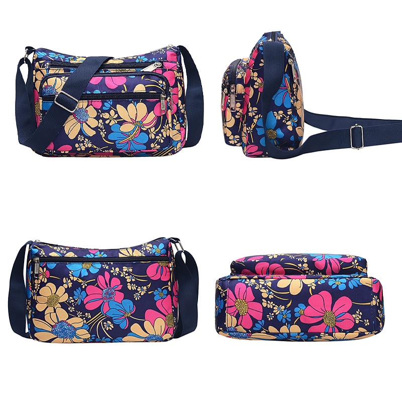Women's Floral Crossbody Shoulder Bag, Lightweight Waterproof Nylon Purse with Multi Zipper Pockets, Casual Travel Handbag for Daily Use and Vacation4
