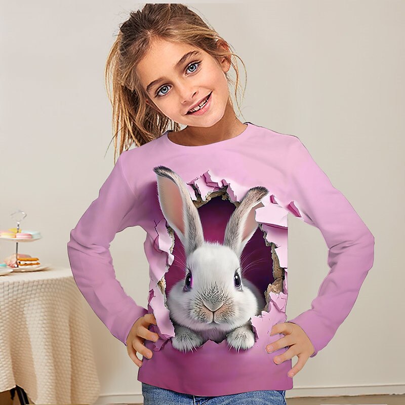 Girls' 3D Cartoon Rabbit Bunny T shirt Tee Long Sleeve 3D Print Summer Fall Active Fashion Cute Polyester Kids 3-12 Years Outdoor Casual Daily Regular Fit4