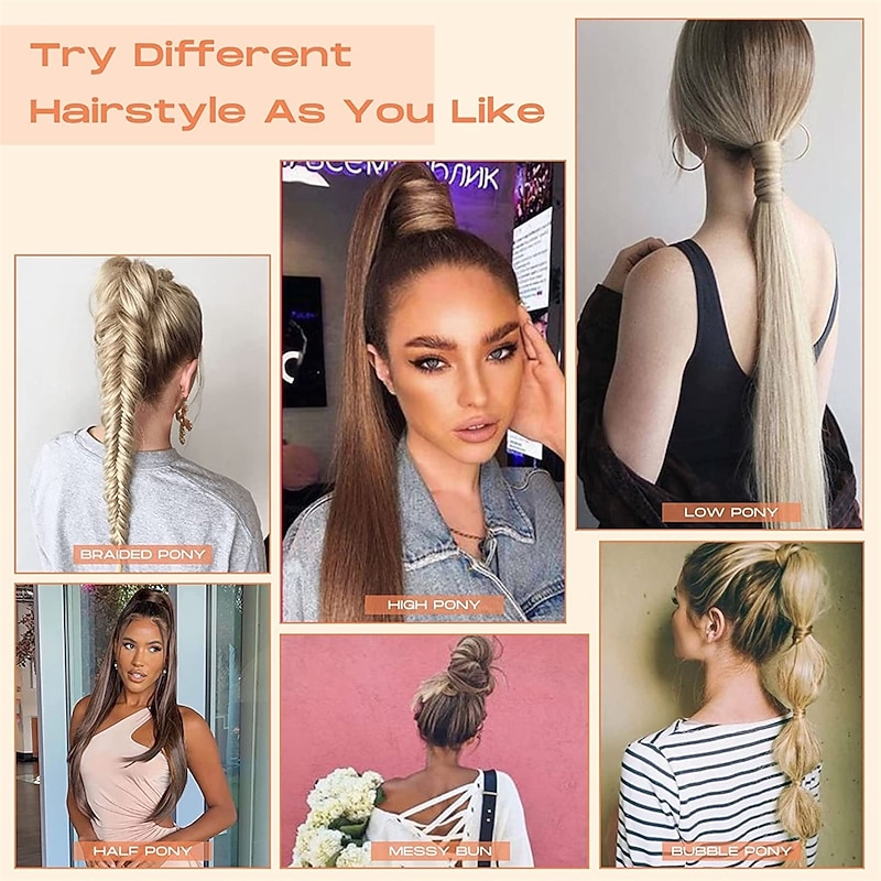 28 Inch Clip in Ponytail Extension Wrap Around Long Straight Pony Tail Hair Synthetic Hairpiece for Women Color Blonde with Pale Gold Highlights