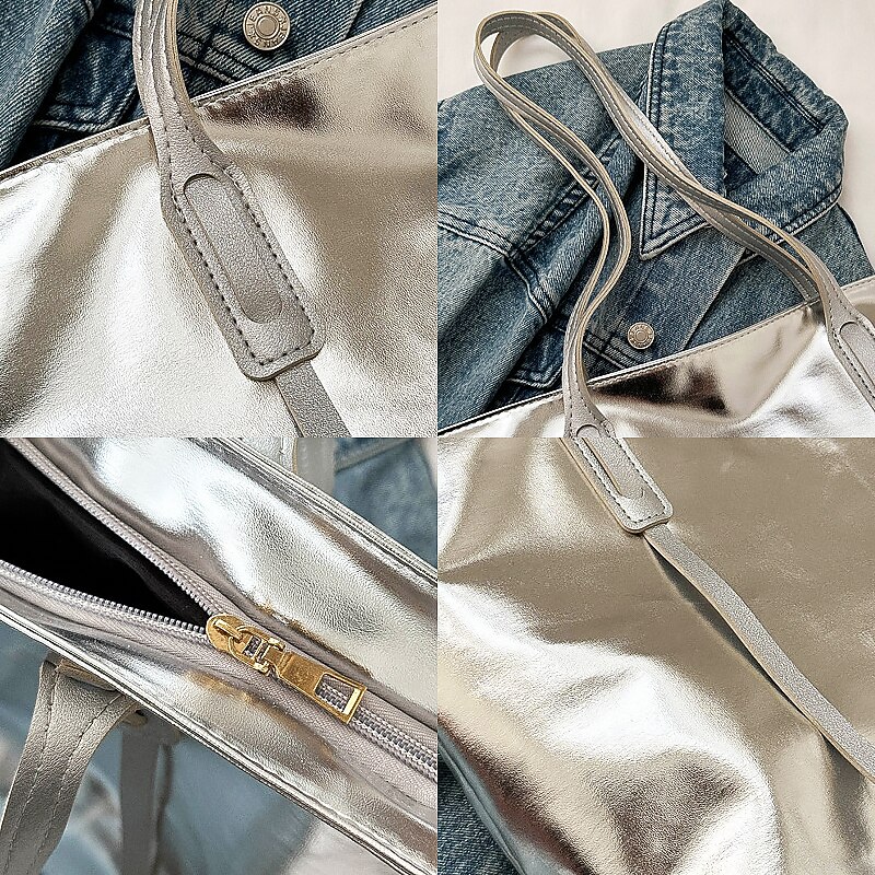Women's Metallic Silver Tote Bag with Spacious Design and Durable Handles - Perfect for Everyday Use and Travel4