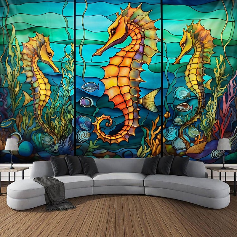 Sea Horse Hanging Tapestry Wall Art Large Tapestry Mural Decor Photograph Backdrop Blanket Curtain Home Bedroom Living Room Decoration Stained Glass2