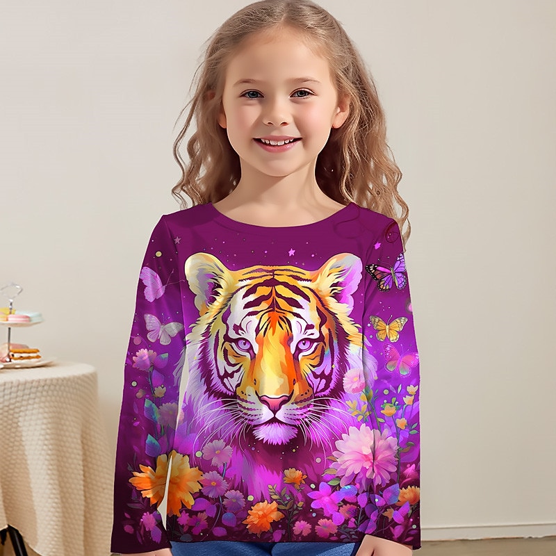 Girls' 3D Graphic Animal Tiger T shirt Tee Long Sleeve 3D Print Fall Winter Active Fashion Cute Kids 3-12 Years Outdoor Casual Daily Regular Fit2