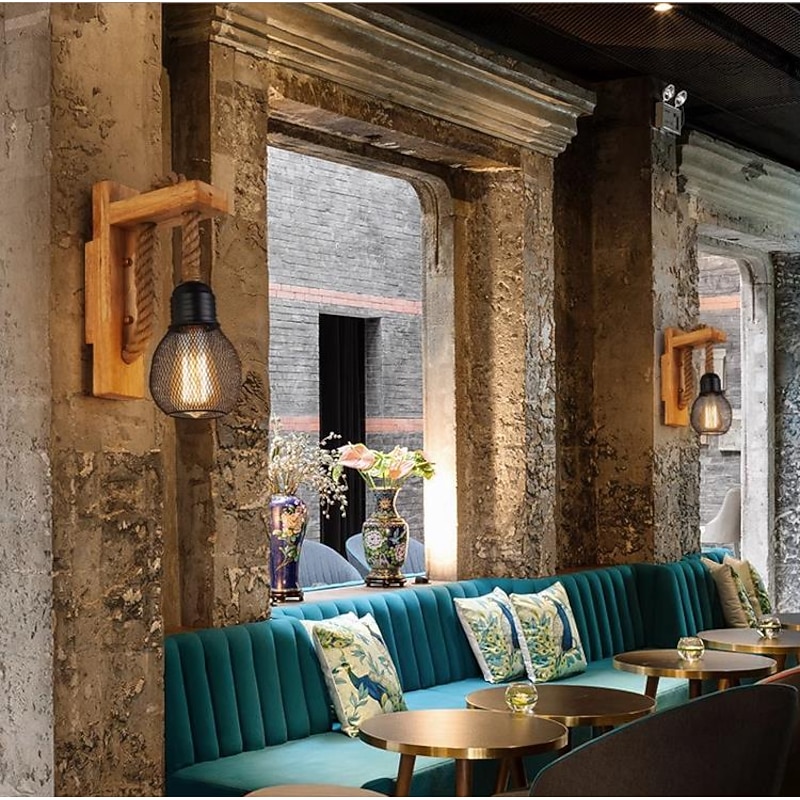 Natural Fiber Rope Brown Wall Light Kit Shaded 1 Head Cottage Wall Mount Lamp Industrial Vintage Sconce Lights with Wood Backplate for Bar Hallway Restaurant 110-240V2