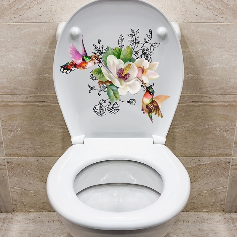 Birds Flowers Toilet Seat Lid Stickers Self-Adhesive Bathroom Wall Sticker Floral Birds Butterfly Toilet Seat Decals DIY Removable Waterproof Toilet Sticker for Bathroom Cistern Decor3