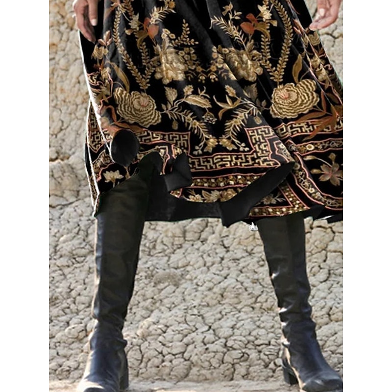 Women's Midi Dress A Line Dress Casual Dress Winter Dress Swing Dress Fashion Streetwear Mature Formal Outdoor Vacation Regular Fit Floral Long Sleeve Crew Neck Black Spring Fall Winter3
