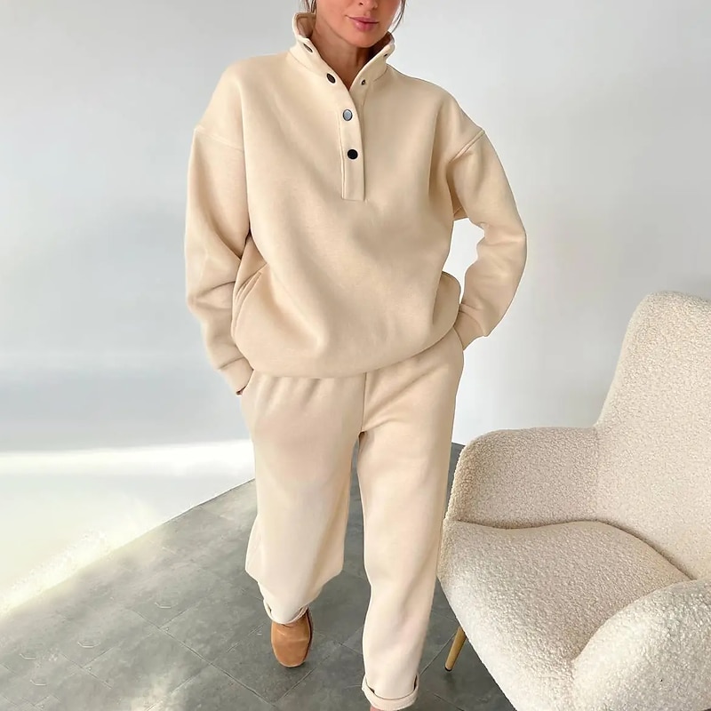 Women's Tracksuit Sweatsuit 2 Piece Solid Colored Sweatshirt and Pants Outfit Set Clothing Suit Fall White Apricot Jogging Training Exercise Thermal Warm Soft Moisture Wicking Long Sleeve Sport