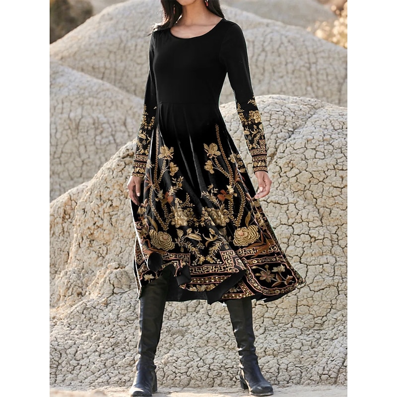 Women's Midi Dress A Line Dress Casual Dress Winter Dress Swing Dress Fashion Streetwear Mature Formal Outdoor Vacation Regular Fit Floral Long Sleeve Crew Neck Black Spring Fall Winter