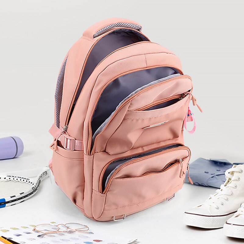 Girls' Large Capacity School Backpack with Luggage Strap and Cartoon Keychain – Lightweight Waterproof Travel Bag for Teen Students or Daily Commute4