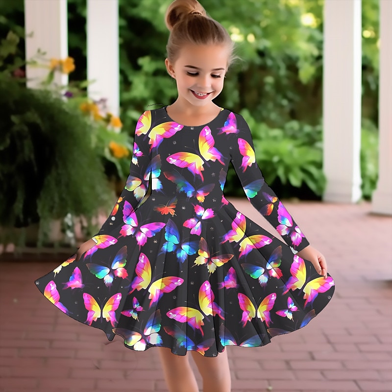 Girls' 3D Graphic Butterfly Dress Long Sleeve 3D Print Summer Fall Sports & Outdoor Daily Holiday Cute Casual Beautiful Kids 3-12 Years Casual Dress A Line Dress Above Knee Polyester Regular Fit2