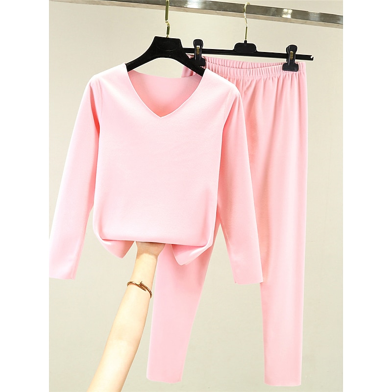 Women's Pajamas Thermal Set Pure Color Fashion Plush Casual Home Daily Bed Acrylic Breathable V Wire Long Sleeve T shirt Tee Pant Fall Winter Home Outfits3