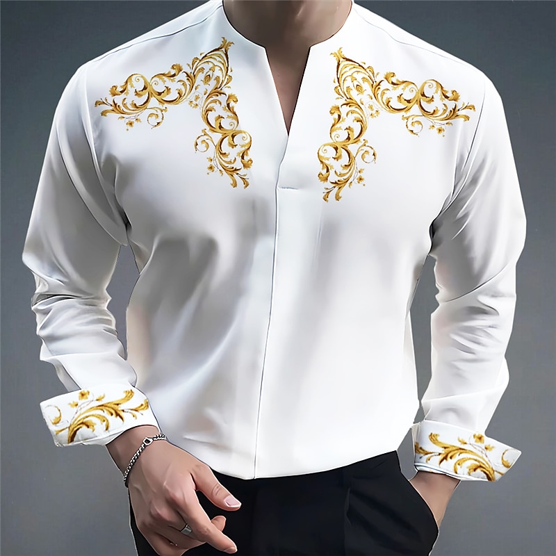 Men's Totem Shirt Button Up Shirt Long Sleeve Fashion Streetwear Designer Outdoor Casual Daily Summer Fall V Neck Print White Blue Khaki