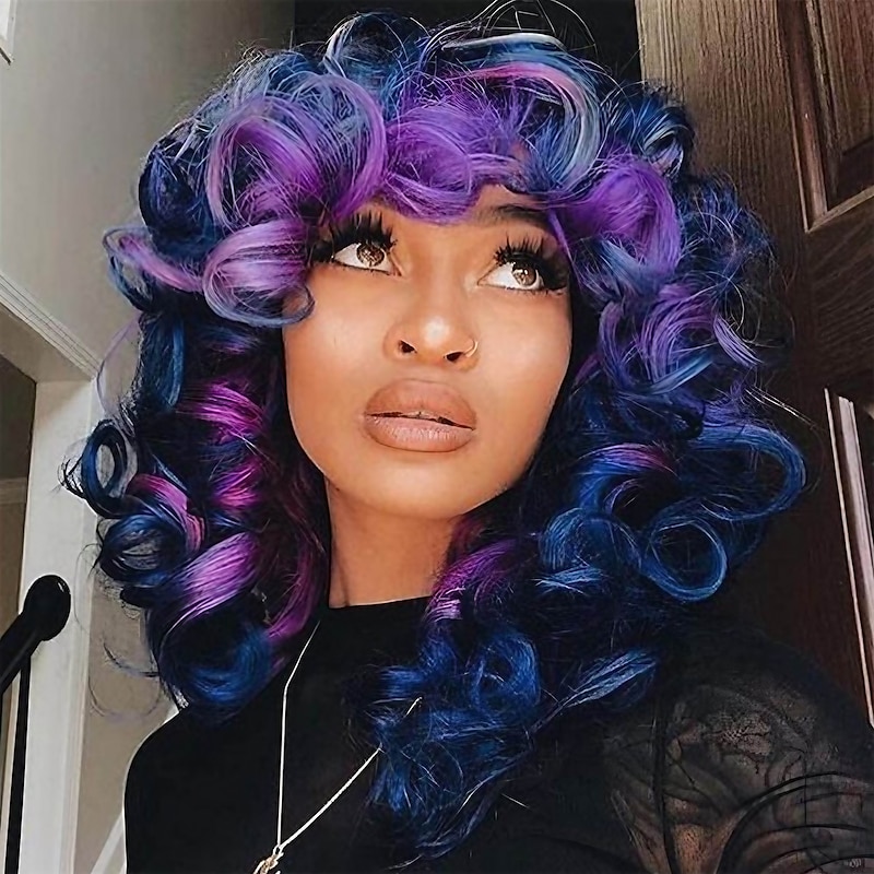 Short Curly Wigs for Black Women Soft Mixed Blue to Purple Big Curly Wig with Bangs Cute Loose Curly Cosplay Party Daily Synthetic Wig for African American Women
