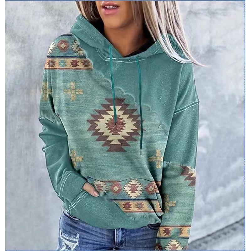 Women's Hoodie Sweatshirt Pullover Geometric Vintage Ethnic Street Casual Front Pocket Vintage Ethnic Neon & Bright Hoodie Long Sleeve Top Micro-elastic Fall & Winter Comfrt Breathable Soft Fabric3