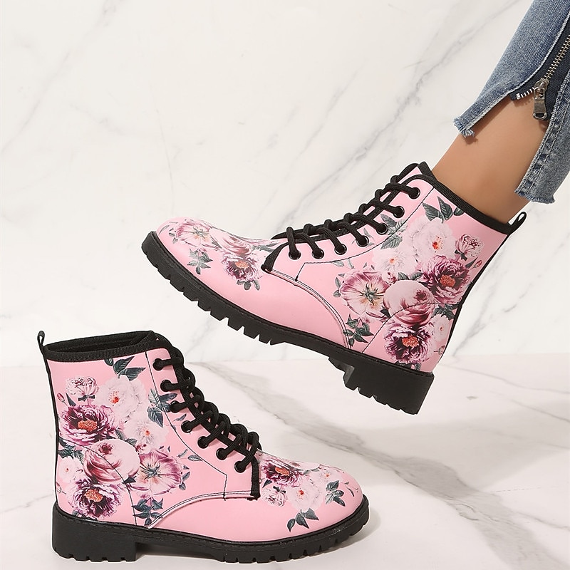 Women's Floral Pink Combat Boots - Stylish and Comfortable for Casual Outings and Everyday Wear
