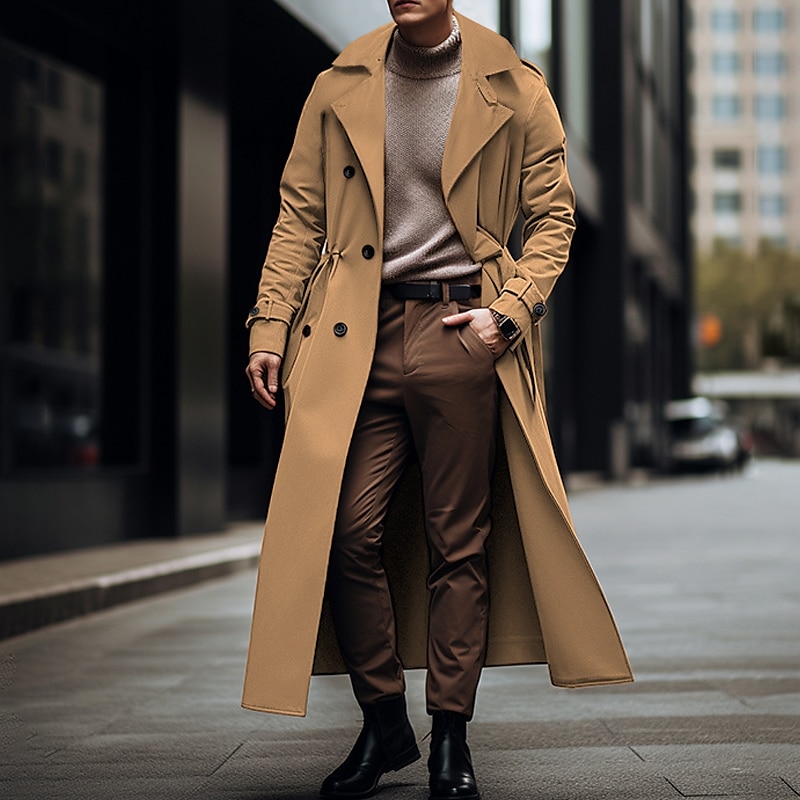 Men's Peacoat Long Trench Coat Going out All Seasons Polyester Lightweight Outerwear Clothing Apparel Streetwear Plain Turndown Double Breasted