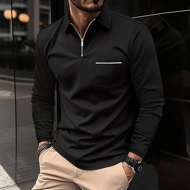 Men's Polo Shirt Zip Polo Outdoor Casual Lapel Quarter Zip Long Sleeve Fashion Basic Solid / Plain Color Quarter Zip Spring &  Fall Regular Fit Black White Pink Wine Dark Navy Blue Polo Shirt4