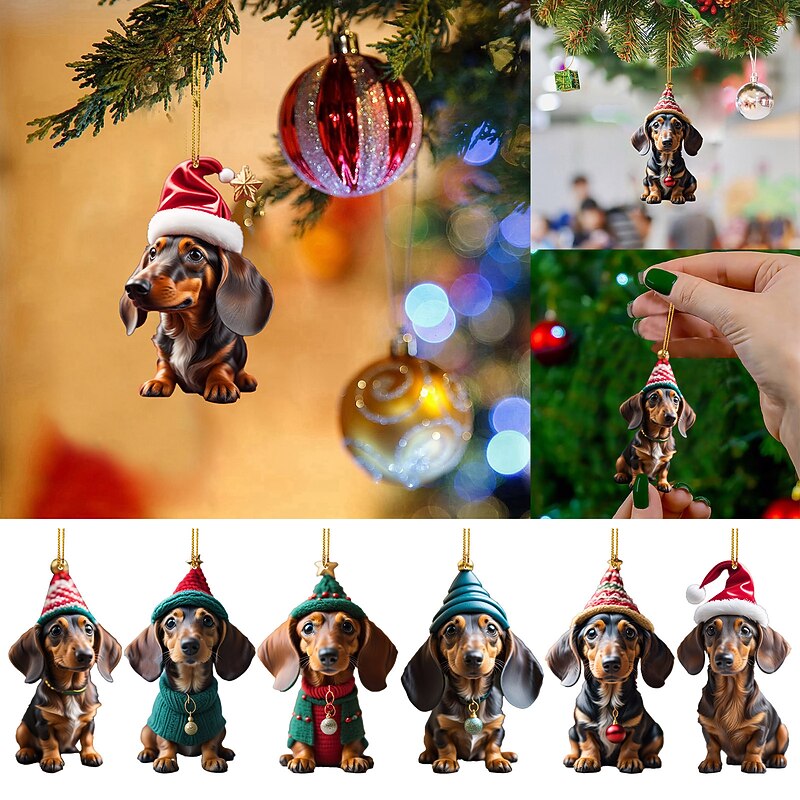 Christmas Dog Ornament,Acrylic 2D Flat Printed Xmas Tree Ornament and Car Rear View Mirror Accessories for Dog Lover4