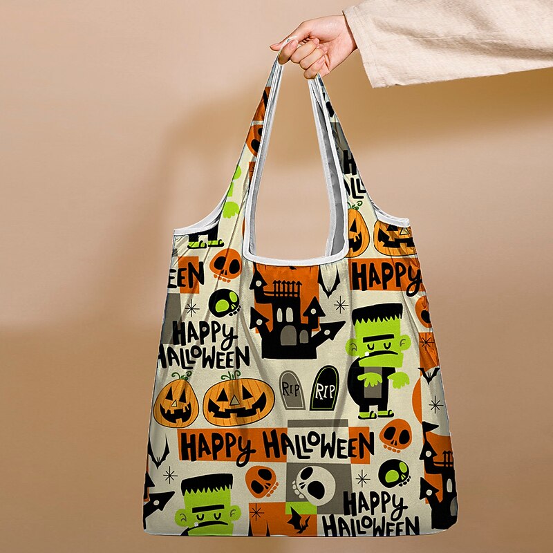 Large Capacity Foldable Halloween Tote Bag - Reusable Shopping Bag with Black Cat and Pumpkin Designs3