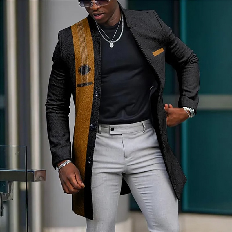 Men's Graphic Prints Guitar Winter Coat Overcoat Coat Warm Comfortable Breathable Fashion Streetwear Business Work Wear to work Going out Pocket Print Fall & Winter Turndown Long Sleeve Yellow Blue