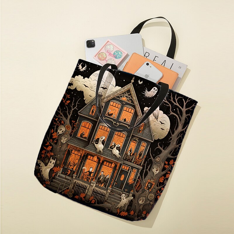 Women's Halloween Haunted House Tote Bag – Large Capacity Ghost Print Shoulder Bag for Trick-or-Treating, Parties, and Fall Outings3