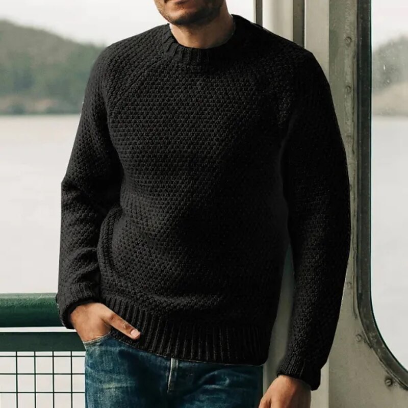 Men's Pullover Sweater Jumper Fall Sweater Jumper Ribbed Crochet Knit Regular Knitted Plain Crew Neck Retro Work Daily Wear Clothing Apparel Winter Black White M L XL2