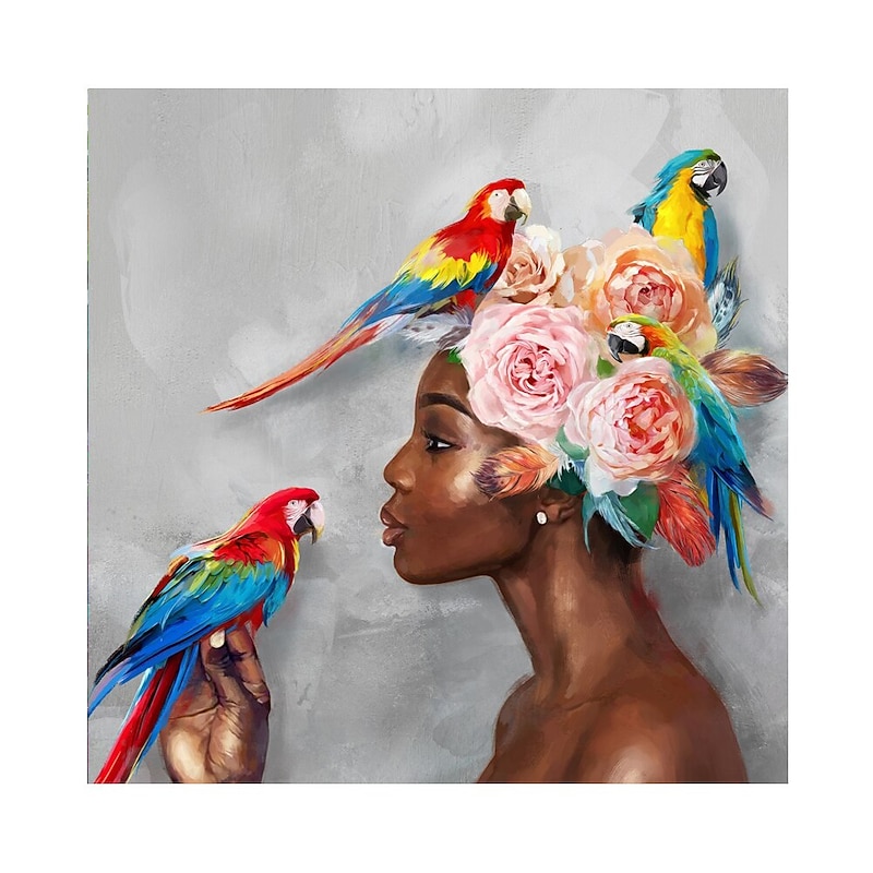 Large Handmade African Woman painting Hand Painted Oil Painting Wall Art Nordic Parrot African Woman Canvas Abstract Painting Wall Art Pictures home Decor Rolled Canvas No Frame Unstretched 11