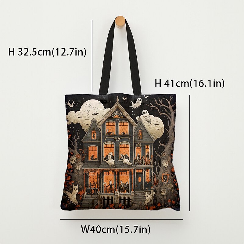 Women's Halloween Haunted House Tote Bag – Large Capacity Ghost Print Shoulder Bag for Trick-or-Treating, Parties, and Fall Outings4