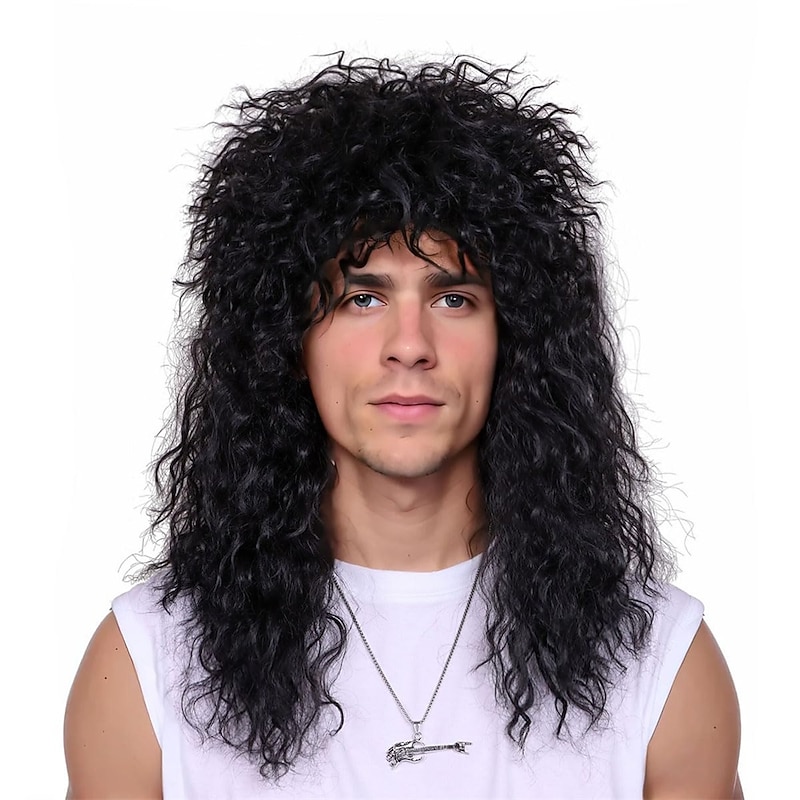 FantaLook Mens 80S Long Curly Black Rocker Costume Wig Halloween Wigs