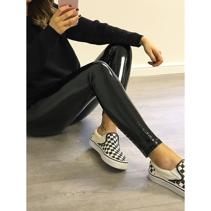 Women's Skinny Slim Leather Pants Fashion Streetwear Ankle-Length High Waist Plain Pocket High Cut Breathability Comfortable High Elasticity Party Street Causal Black Summer Fall Slim4
