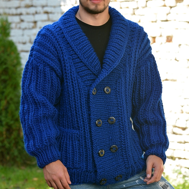 Men's Cardigan Sweater Cardigan Sweater Jacket Chunky Knit Regular Double Breasted Solid / Plain Color Shawl Collar Clothing Apparel Drop Shoulder Fall & Winter Royal Blue M L XL2