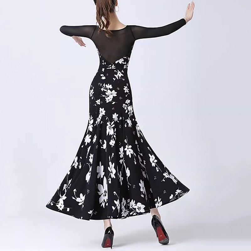 Ballroom Dance Dress Printing Splicing Women's Performance Party Long Sleeve Crystal Cotton Mesh2