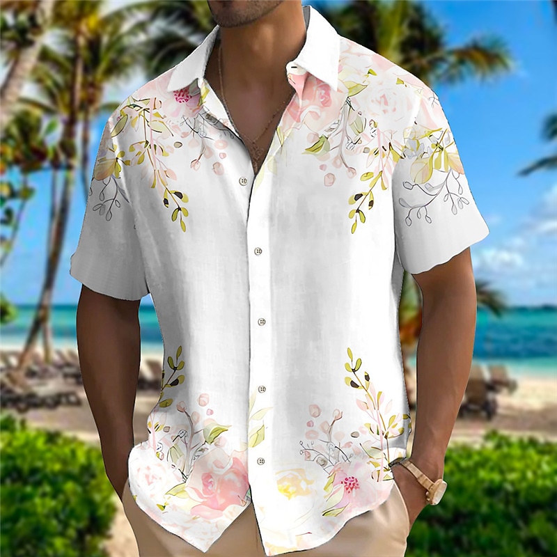 Men's Floral Shirt Button Up Shirt Short Sleeve Fashion Designer Casual Outdoor Casual Summer Spring Turndown Print White Yellow