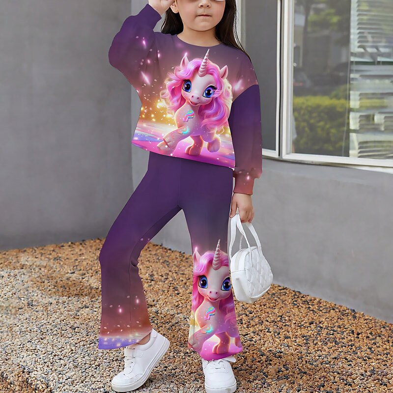 Girls' 3D Graphic Cartoon Unicorn Sweatshirt & Sweatpants Set Clothing Set Long Sleeve 3D Print Fall Winter Active Fashion Daily Kids 3-12 Years Outdoor Vacation Date Regular Fit3