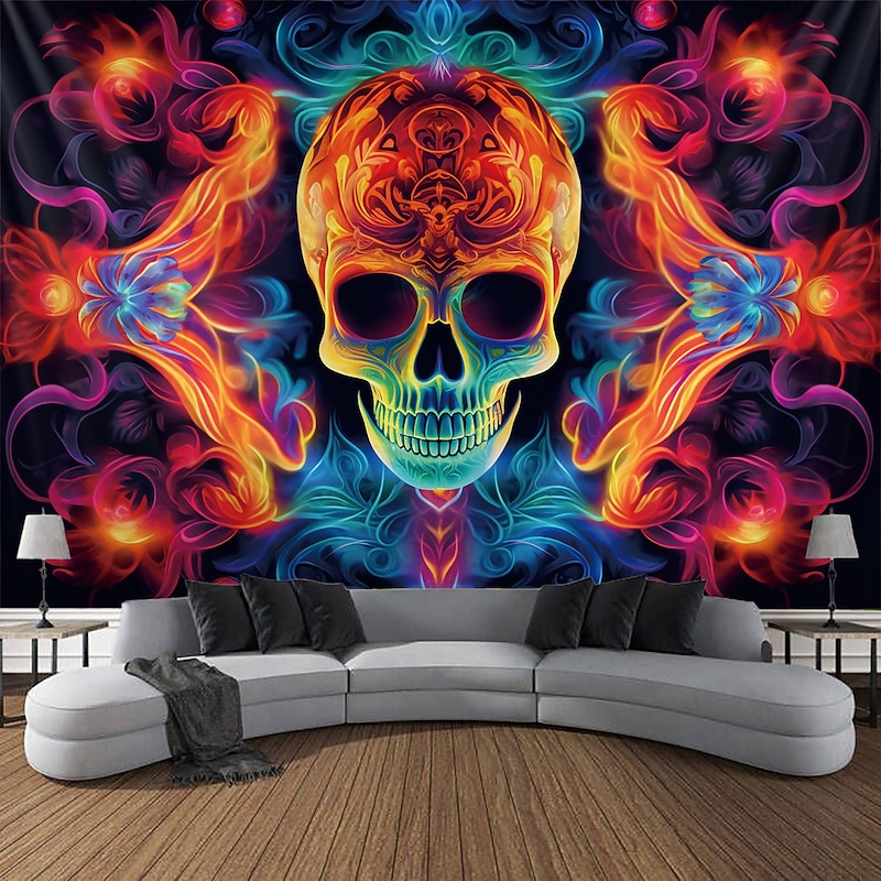 Halloween Skull Blacklight Tapestry UV Reactive Glow in the Dark Trippy Misty Hanging Tapestry Wall Art Mural for Living Room Bedroom2