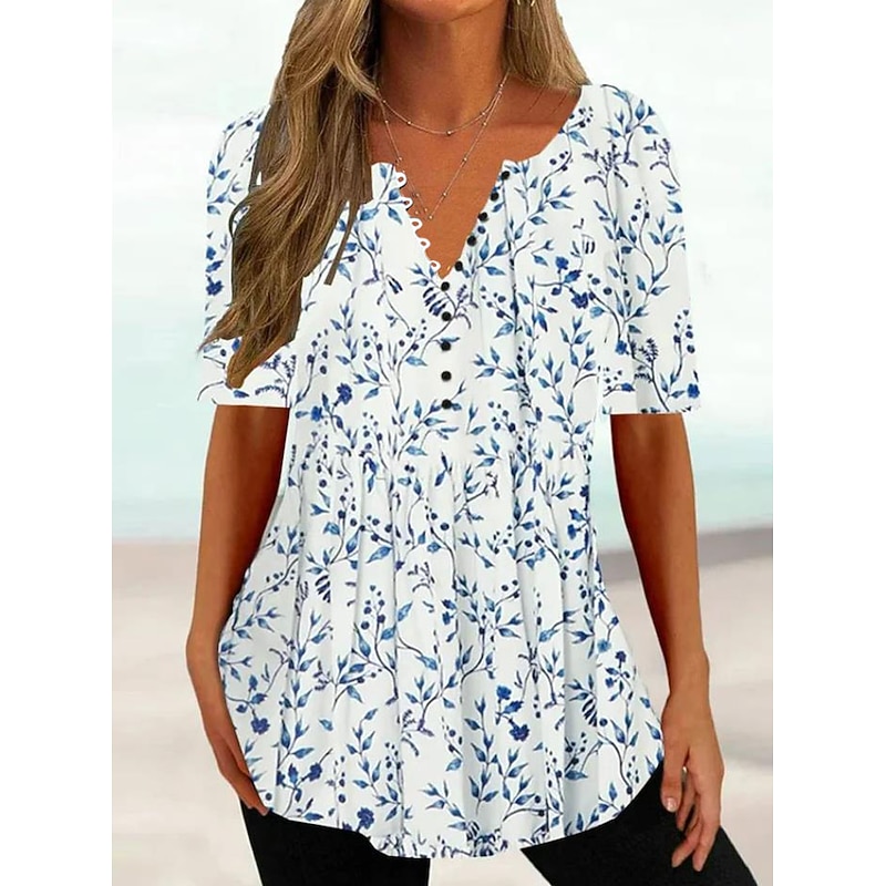 Women's T Shirt Henley Shirt Floral Tunic Basic Short Sleeve Round Neck Regular Tops Holiday Weekend Buttons Print White Yellow Light Green Blue Green4