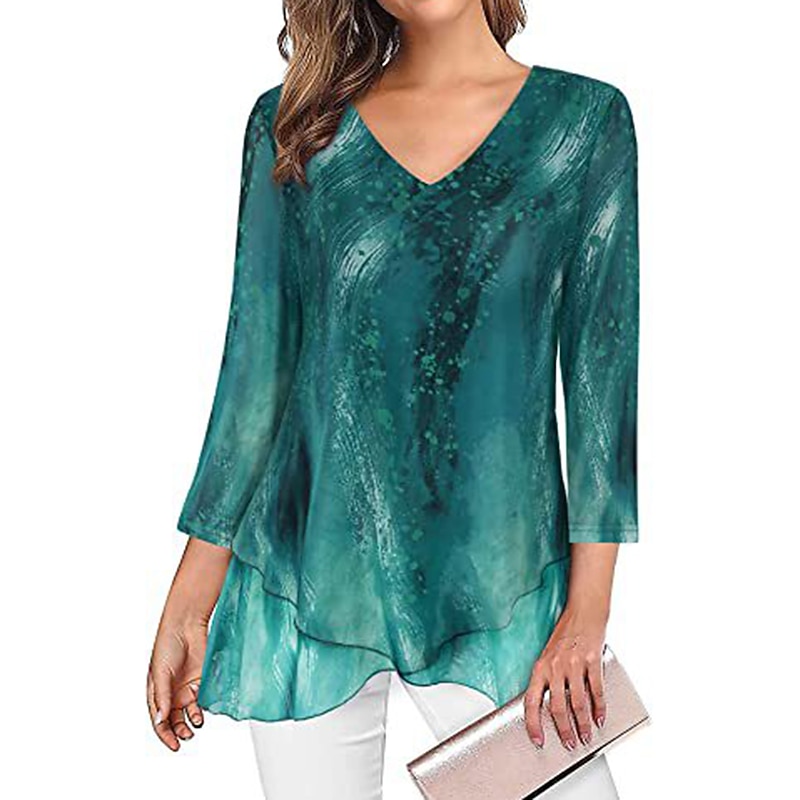 Women's Shirt Blouse Daily Basic Floral Print Long Sleeve Regular Tops V Neck Casual Black Light Green Wine Blue Green Fall & Winter2