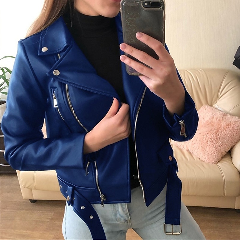 Women's Faux Leather Jacket Full Zip Motorcycle Jacket Moto Biker Coat Waterproof Streetwear Regular Fit Outerwear With Belt Long Sleeve Fall Black4