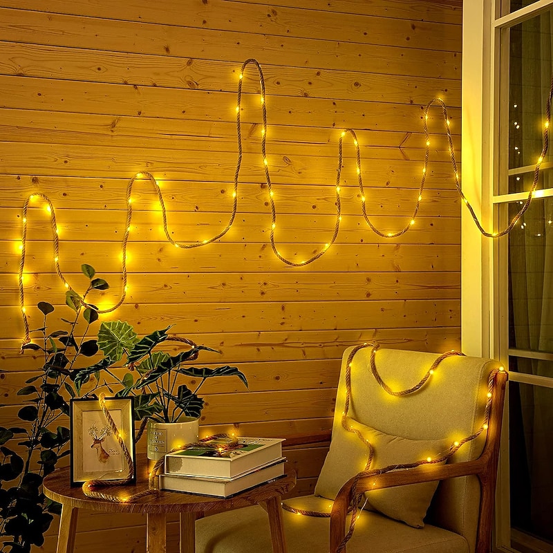 Led Hemp Rope String Light  Waterproof Memory Function Battery Powered 2m40led/5m100leds/10m200leds With Remote Control for Outdoor Garden Patio Balcony Decor3