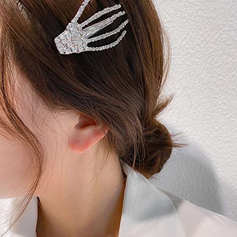 Hair Barrettes Halloween Hair Accessories for Women Girls Silver Skeleton Hand Hair Clips Punk Horror Bone Hair Clip Barrettes for Party Cosplay 2pcs2