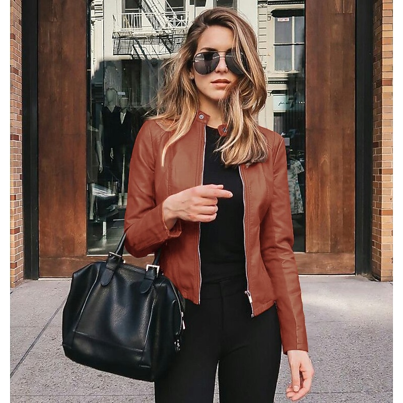 Women's Faux Leather Jacket Street Shopping Spring Fall Regular Coat Slim Windproof Chic & Modern Jacket Long Sleeve Solid Color Faux Fur Trim Denim Blue Black Blue3